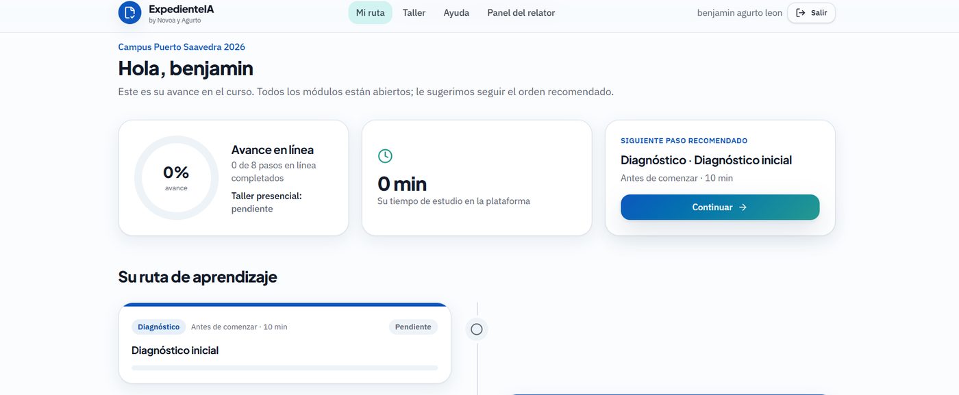 Ruta de aprendizaje de un participante, con avance y tiempo de estudio